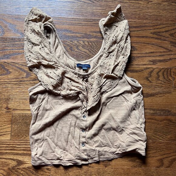American Eagle Outfitters Tops - EUC American Eagle Tan Ruffle Tank Top with Decorative Buttons Sz S